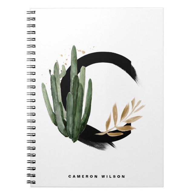 Caderno Espiral Boho - Letra C Monograma Aquarela Cactus Tropical (Frente)