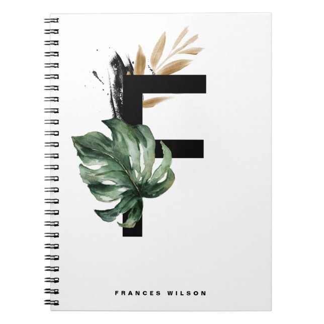 Caderno Espiral Boho - Letra F Monograma Tropical Monstera Monogra (Frente)