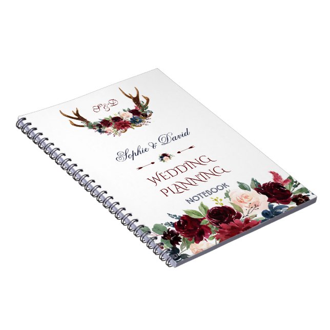 Caderno Espiral Boho Merlot Marinho Floral Antlers Planner de Casa (Lado Direito)