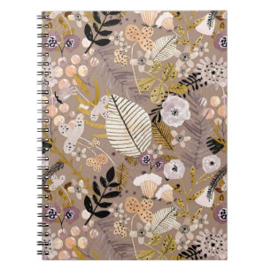 Caderno Espiral Boho Preto Branco Dourado Pêssego Folha Floral Des
