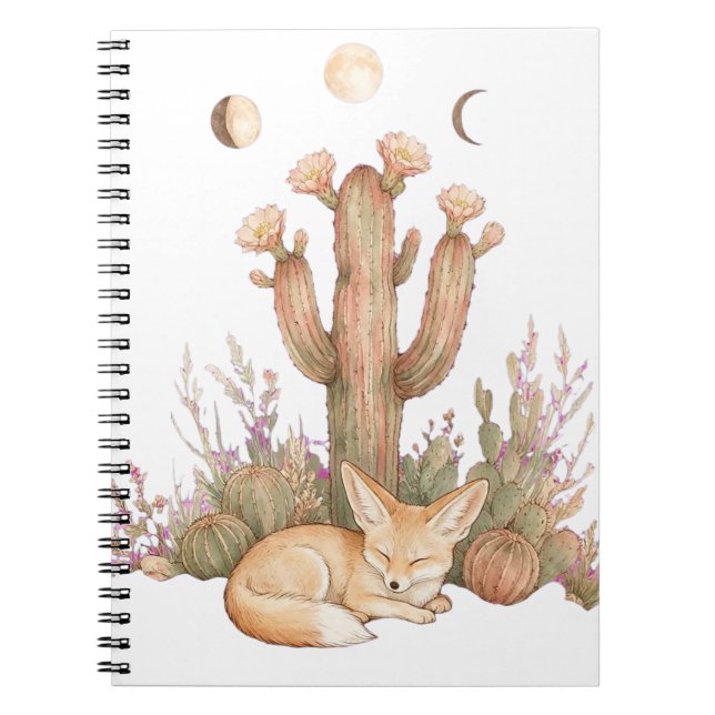 Caderno Espiral Boho Raposa Fennec do Deserto Dormindo sob Cacto S (Frente)