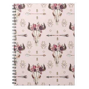 Caderno Espiral Boho setas e crânio, padrão de aquarela.