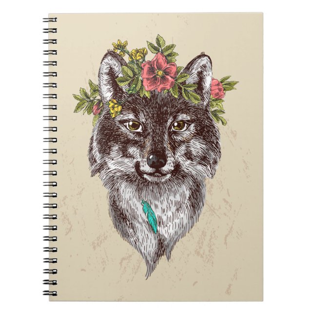 Caderno Espiral Boho Style Wolf Halo Retrato (Frente)