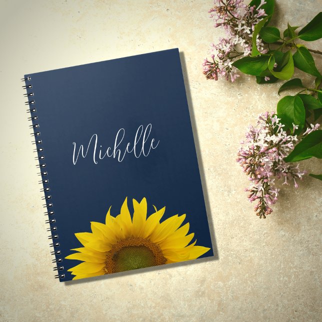 Caderno Espiral Boho Sunflower Marinho Blue Elegant Personalizado (Criador carregado)