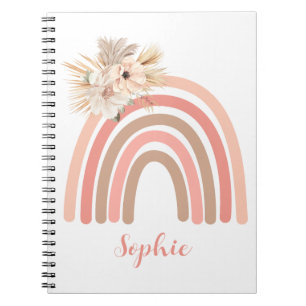 Caderno Espiral Boho Trendy Rainbow Pink Flowers Secos