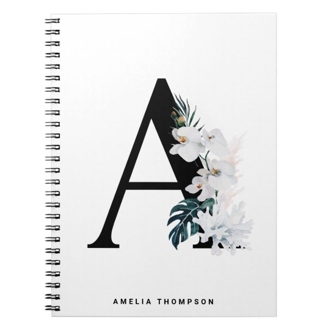 Caderno Espiral Boho White Orchids Tropical A Monograma (Frente)