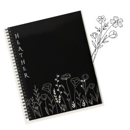 Caderno Espiral Boho Wildflower Personalized Black Gift for Her