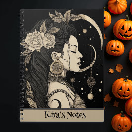 Caderno Espiral Boho Witchy, Estrelas Celestiais da Lua, Preto