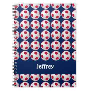 Caderno Espiral Bolas de futebol vermelho, branco e azul, nome, es