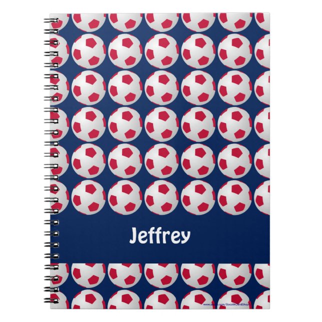 Caderno Espiral Bolas de futebol vermelho, branco e azul, nome, es (Frente)