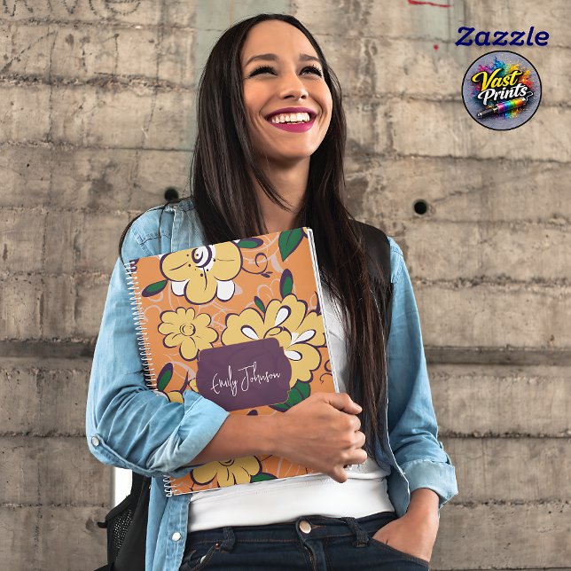 Caderno Espiral Bold Yellow Bloom Orange Floral Script Custom Name (Bold Yellow Bloom Orange Floral Script Custom Name Notebook)