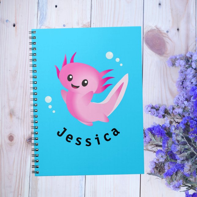 Caderno Espiral Bolha de Axolotl roxa-branca-branca com nome (Criador carregado)