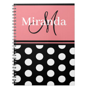 Caderno Espiral Bolinhas brancas cor-de-rosa pretas com script mon