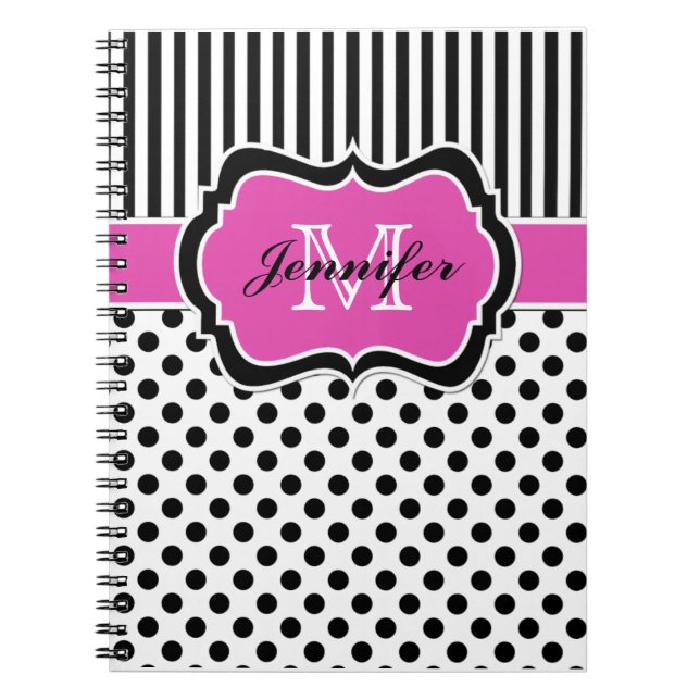 Caderno Espiral Bolinhas brancas e pretas, cor-de-rosa, personaliz (Frente)