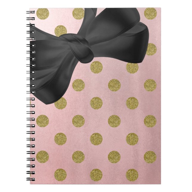 Caderno Espiral Bolinhas Brilhantes Douradas, cor-de-rosa, com Ros (Frente)