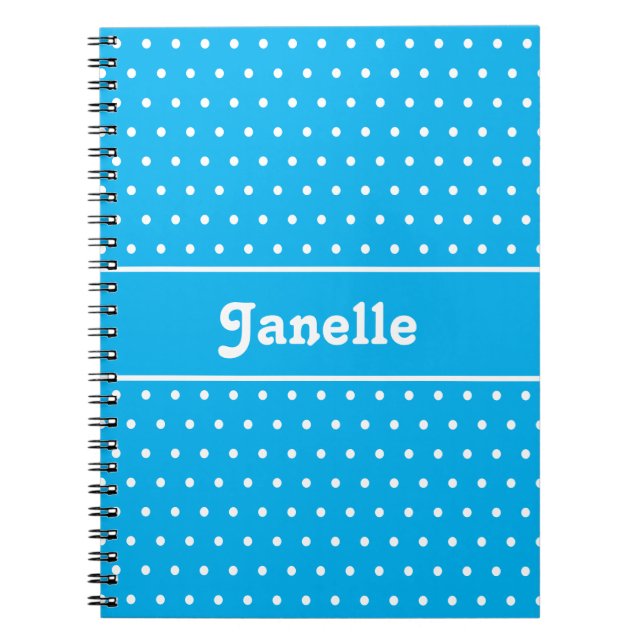 Caderno Espiral Bolinhas de nome personalizado azul e branco (Frente)