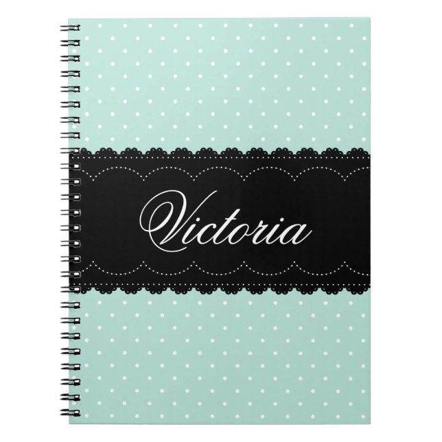 Caderno Espiral Bolinhas de Nome Personalizado Preto do Tendy Mint (Frente)