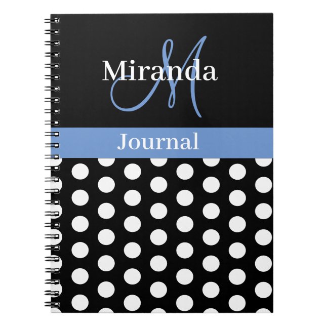 Caderno Espiral Bolinhas de Script do Monograma Azul Branco Preto (Frente)
