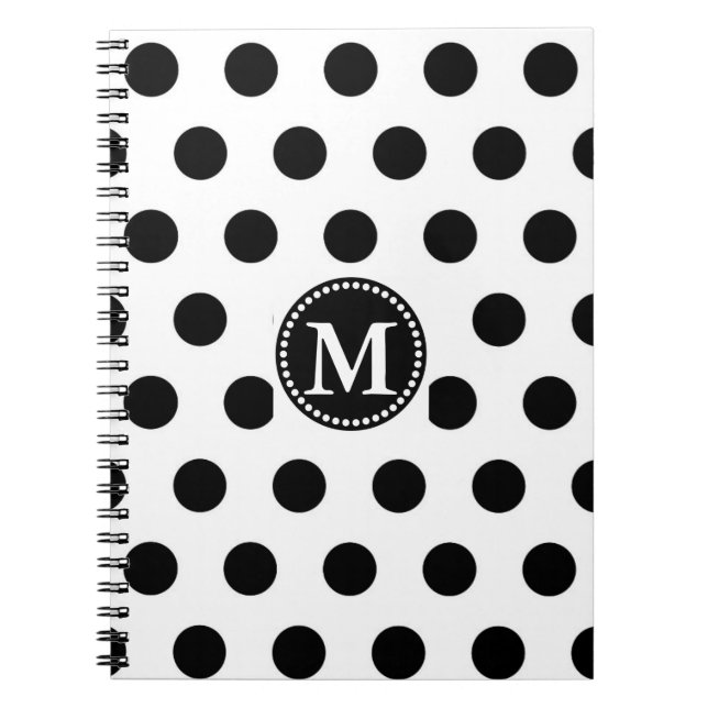 Caderno Espiral Bolinhas Pretas e Brancas Monogramas Personalizada (Frente)