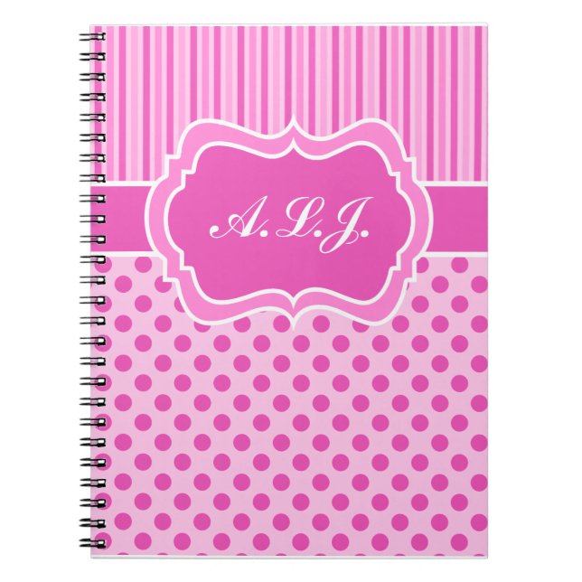Caderno Espiral Bolinhas rosa personalizadas, riscadas brancas (Frente)