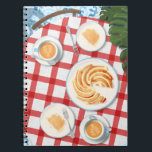 Caderno Espiral Bolo e Café por Dois<br><div class="desc">Encantador, aconchegante, brinque de domingo com amigos. A mesa do café é uma camada plana com bolo e café cappuccino para dois em uma mesa com um pano vermelho e branco de mesa. Plantas de Monstera e azulejos espanhóis tradicionais no chão. Adoraria ver esta design na natureza; coloque-me no Instagram...</div>