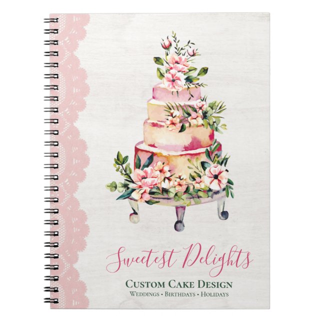 Caderno Espiral Bolos de Casamento Florais Aquarela em Madeira Rús (Frente)