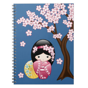 Caderno Espiral Boneca de Kokeshi do primavera - gueixa japonesa