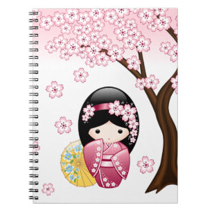 Caderno Espiral Boneca de Kokeshi do primavera - menina de gueixa