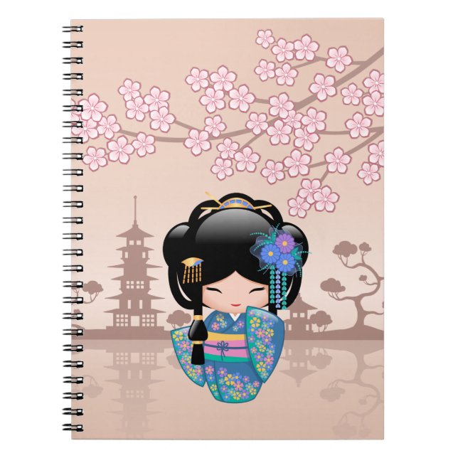 Caderno Espiral Boneca Keiko Kokeshi - Rapariga Kimono Geisha Azul (Frente)