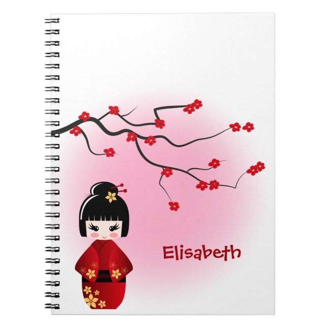 Caderno Espiral Boneca kokeshi japonesa em sakura floresce (Frente)