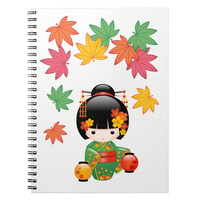 Caderno Espiral Boneca Kokeshi verde Kimono Geisha (Frente)