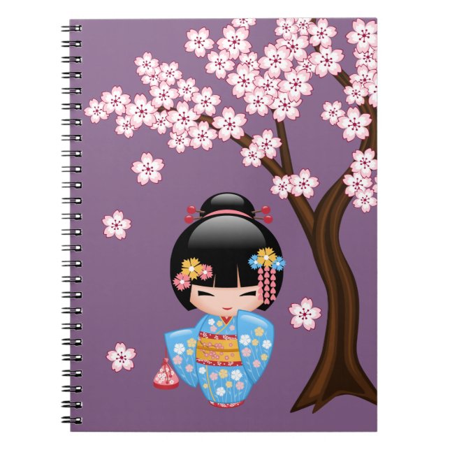 Caderno Espiral Boneca Maiko Kokeshi - Rapariga Kimono Geisha Azul (Frente)