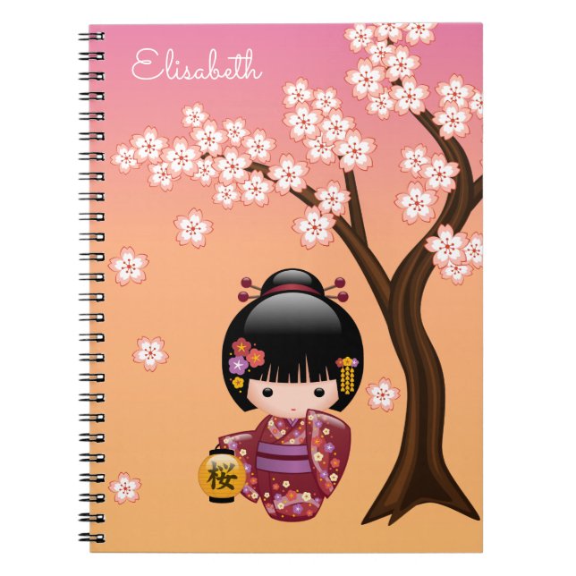 Caderno Espiral Boneca Sakura Kokeshi - Garota Geisha em Pêssego (Frente)