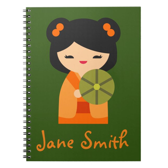 Caderno Espiral Bonecas japonesas de laranja-branca Kokeshi (Frente)