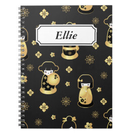 Caderno Espiral Bonecas japonesas douradas pretas elegantes