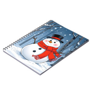 Caderno Espiral Boneco de neve na floresta fria com cachecol verme