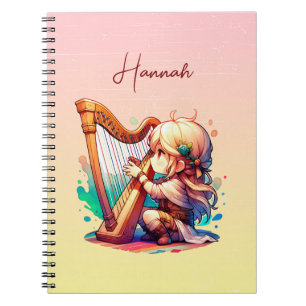 Caderno Espiral Bonita Garota Chibi Jogando Harp Personalizada