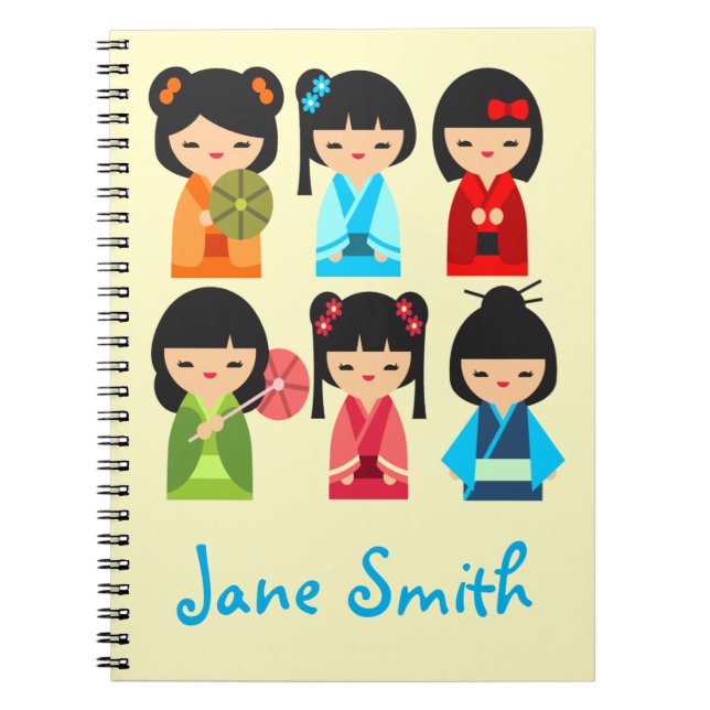 Caderno Espiral Bonitas bonecas japonesas Kokeshi (Frente)