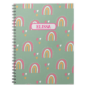 Caderno Espiral Bonito Boho Verde Arco-Íris Nome Personalizado
