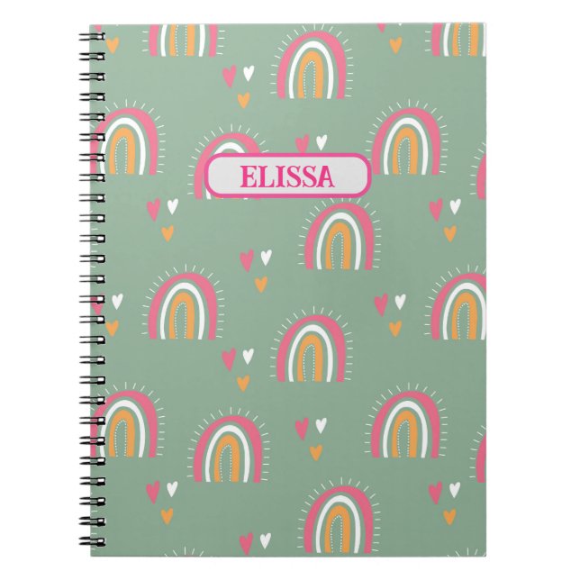 Caderno Espiral Bonito Boho Verde Arco-Íris Nome Personalizado (Frente)