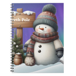 Caderno Espiral Bonito boneco de neve no Polo Norte com luzes de n