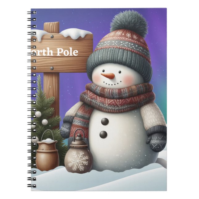 Caderno Espiral Bonito boneco de neve no Polo Norte com luzes de n (Frente)