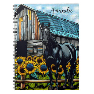 Caderno Espiral Bonito Cavalo Negro e Girassóis Personalizados