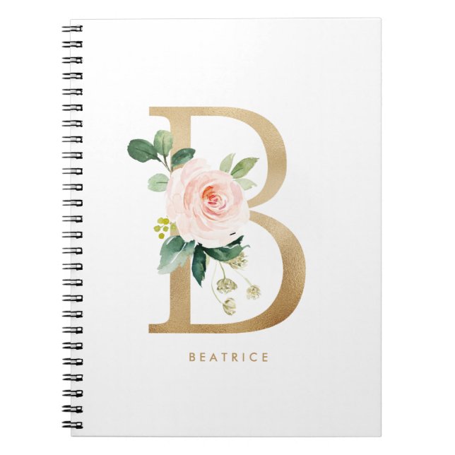 Caderno Espiral Bonito Faux Gold Foil Floral - Letra B Monograma (Frente)