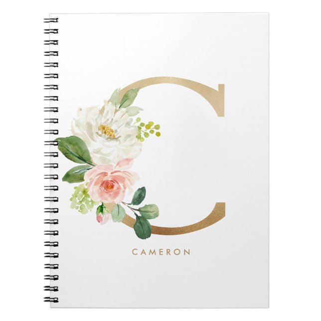Caderno Espiral Bonito Faux Gold Foil Floral - Letra C Monograma (Frente)
