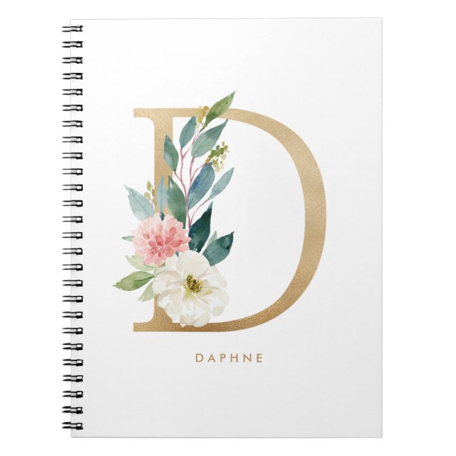 Caderno Espiral Bonito Faux Gold Foil Floral - Letra D Monograma (Frente)