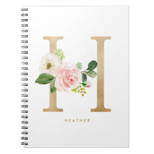 Caderno Espiral Bonito Faux Gold Foil Floral - Letra H Monograma