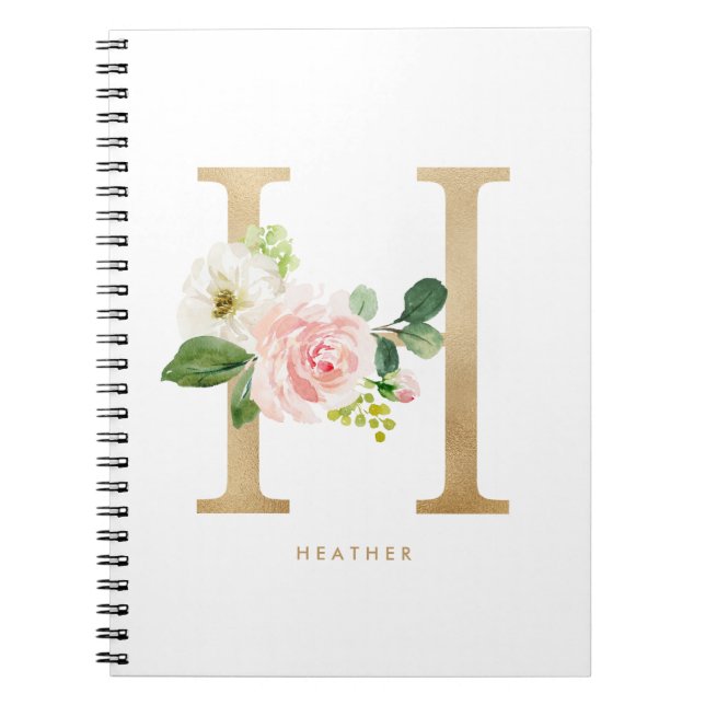Caderno Espiral Bonito Faux Gold Foil Floral - Letra H Monograma (Frente)
