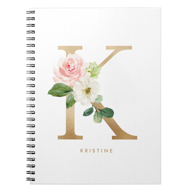 Caderno Espiral Bonito Faux Gold Foil Floral - Letra K Monograma (Frente)
