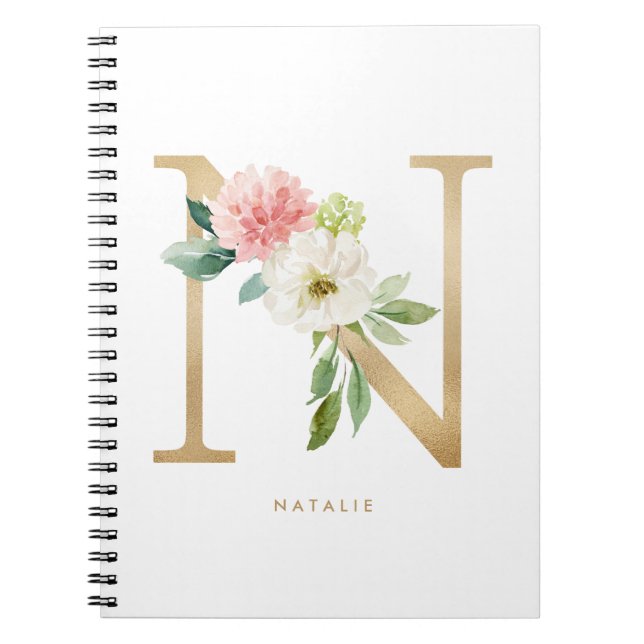 Caderno Espiral Bonito Faux Gold Foil Floral - Letra N Monograma (Frente)